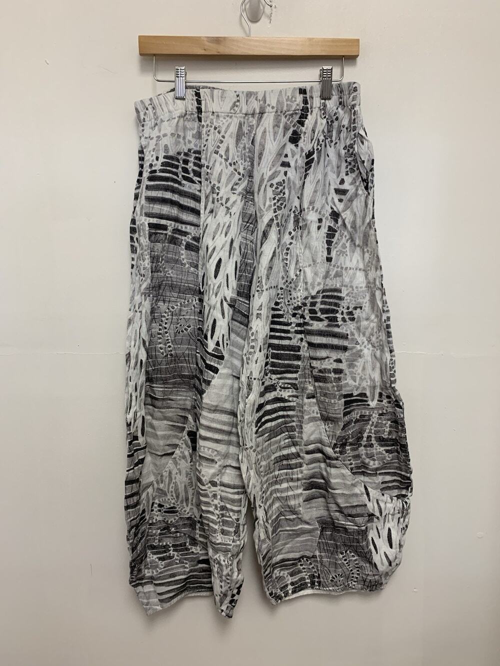 Grizas Washed Linen White Black Patterned Pull On Pants Size Medium